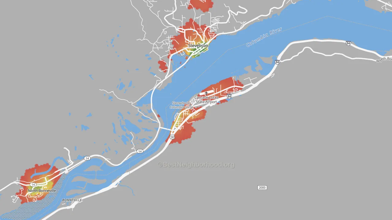 Walk Grade map of Cascade Locks, OR, walkable areas in green and car-dependent areas in red