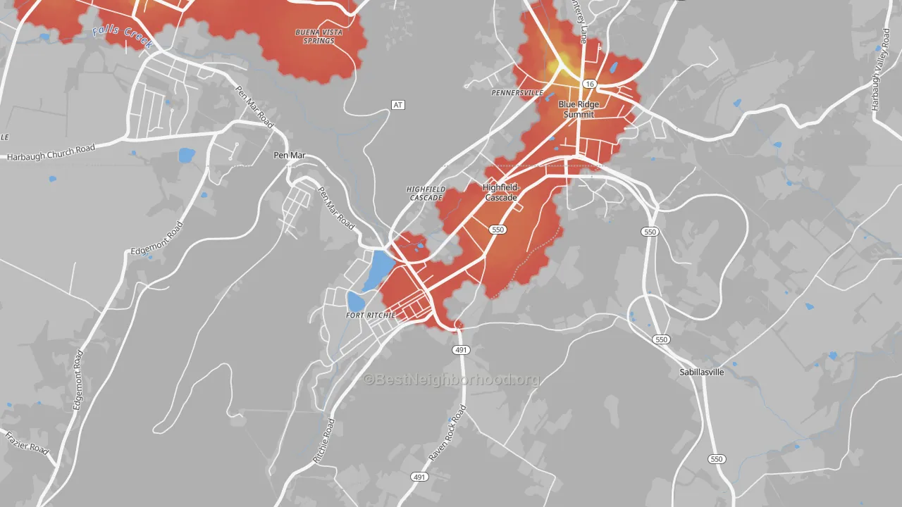 Walk Grade map of Cascade, MD, walkable areas in green and car-dependent areas in red