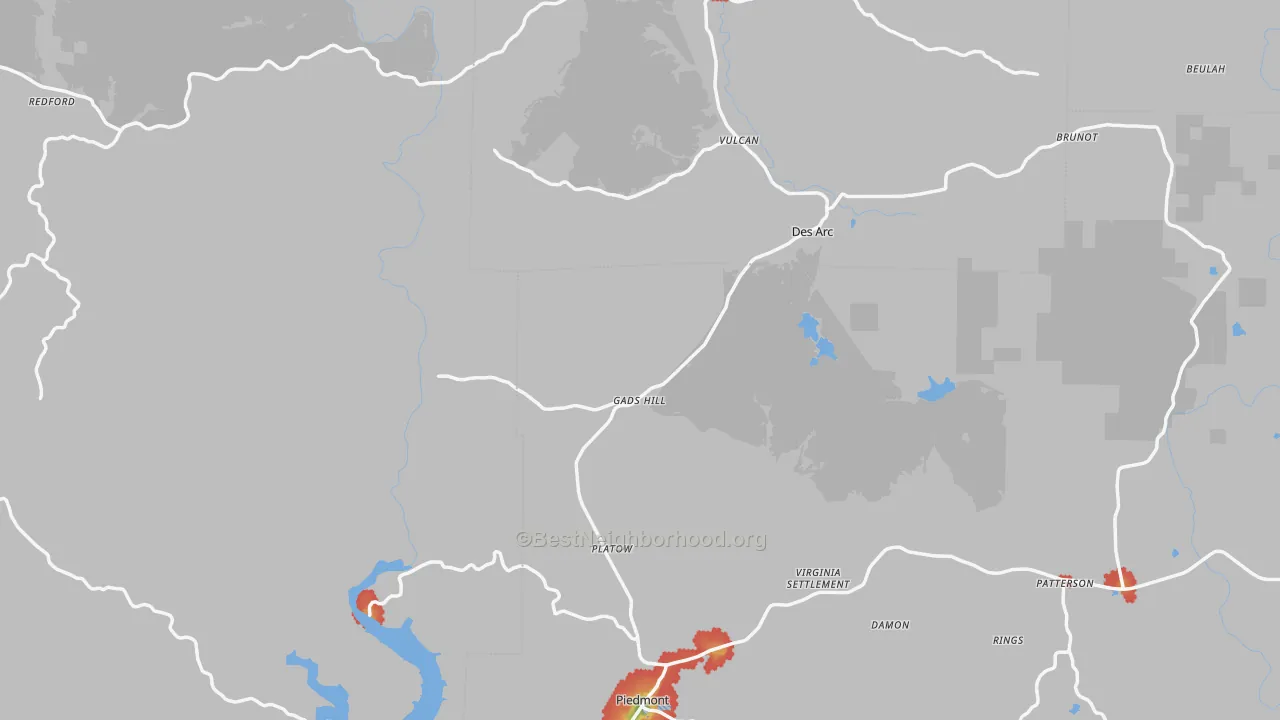 Walk Grade map of Cascade, MO, walkable areas in green and car-dependent areas in red