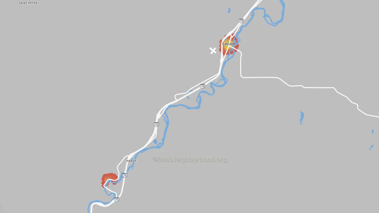 Walk Grade map of Cascade, MT, walkable areas in green and car-dependent areas in red