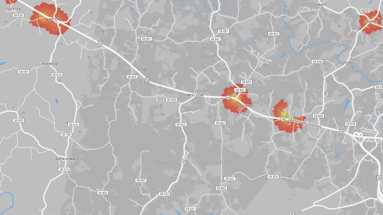 Walk Grade map of Cascade, VA, walkable areas in green and car-dependent areas in red
