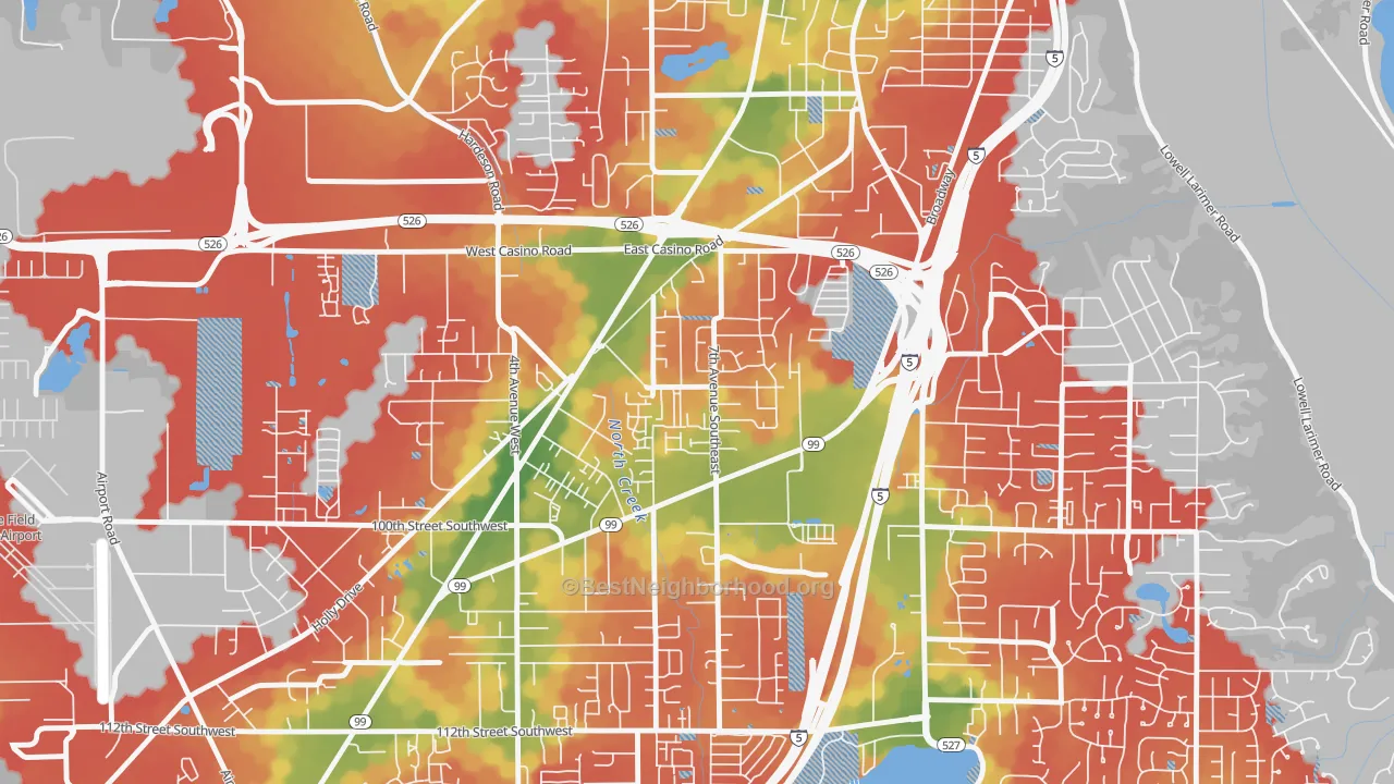 Walk Grade map of Cascade View, Everett, WA, walkable areas in green and car-dependent areas in red