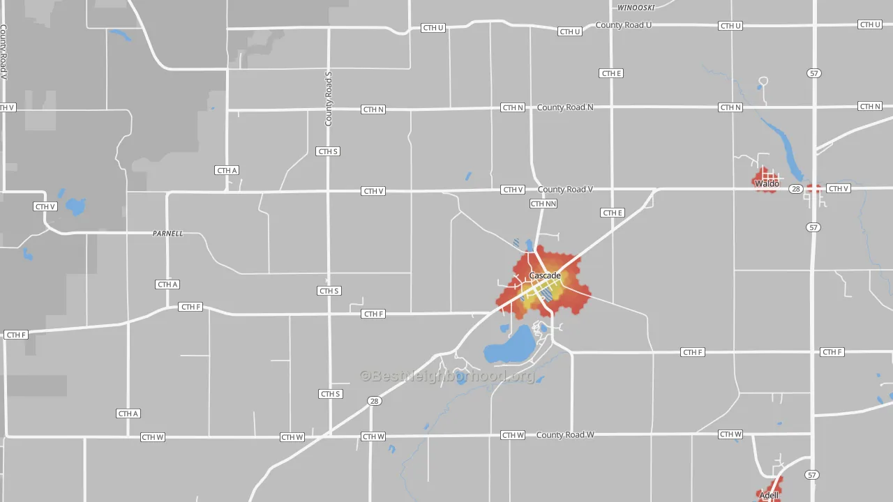 Walk Grade map of Cascade, WI, walkable areas in green and car-dependent areas in red