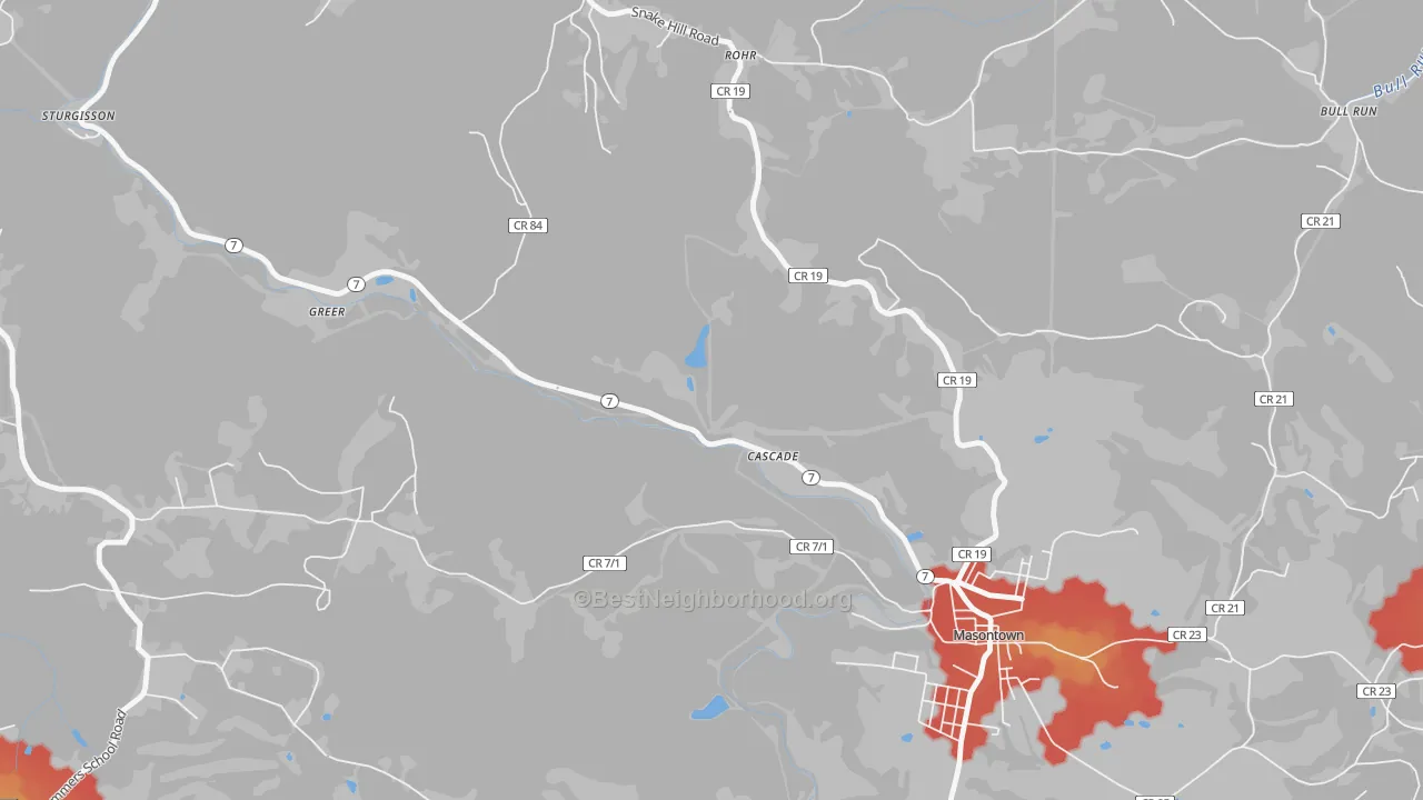 Walk Grade map of Cascade, WV, walkable areas in green and car-dependent areas in red