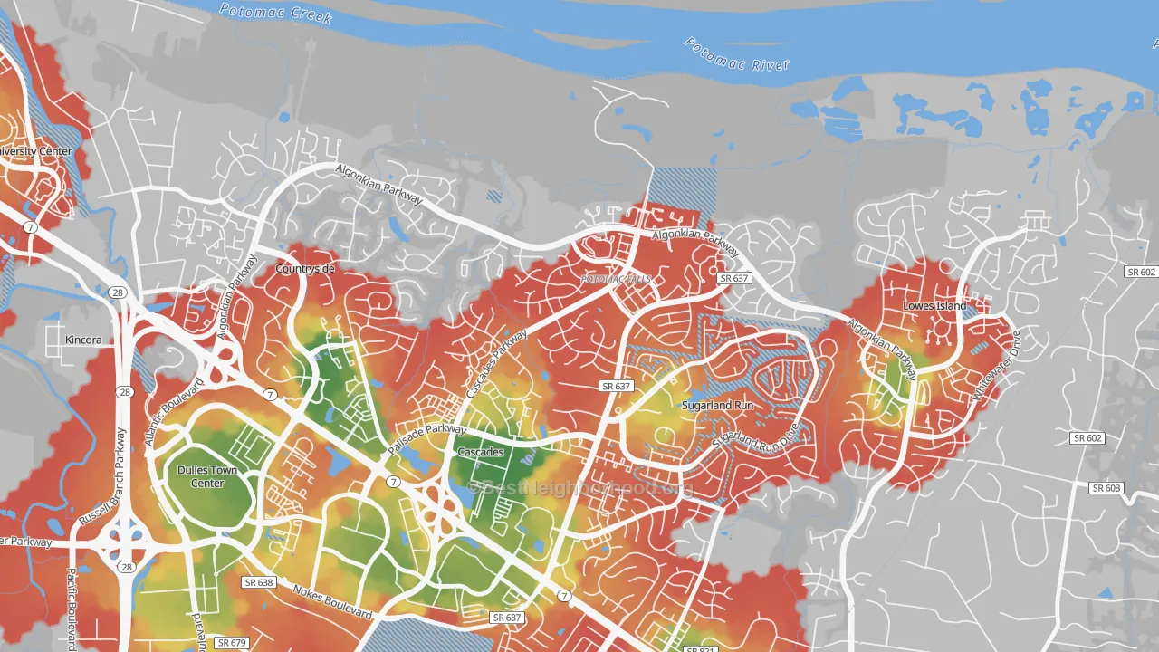 Walk Grade map of Cascades, VA, walkable areas in green and car-dependent areas in red