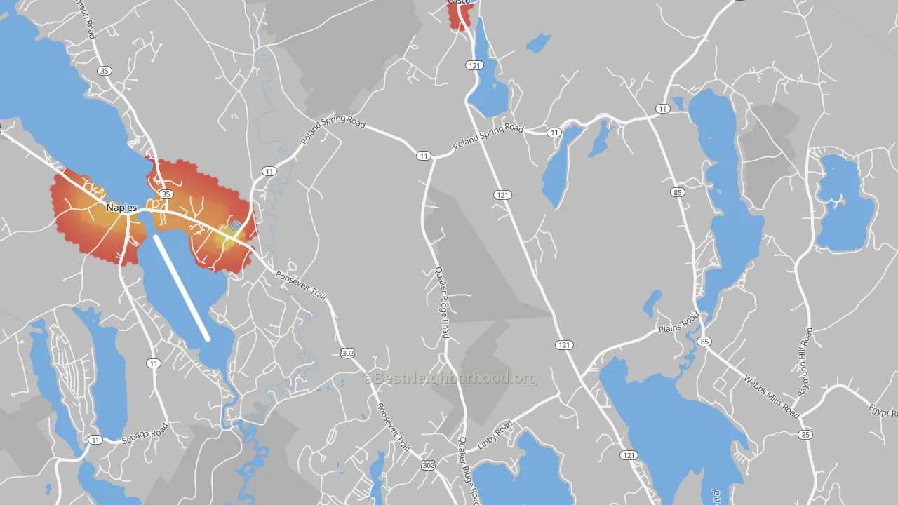 Walk Grade map of Casco, ME, walkable areas in green and car-dependent areas in red