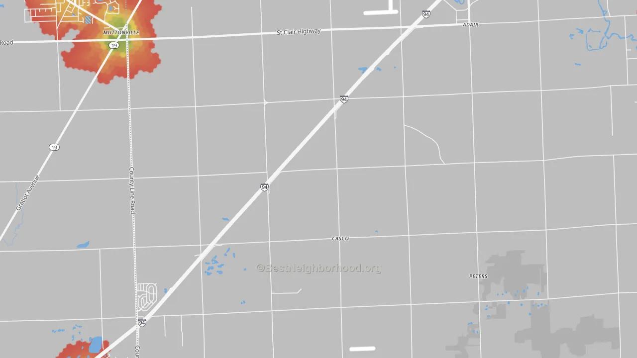 Walk Grade map of Casco, MI, walkable areas in green and car-dependent areas in red