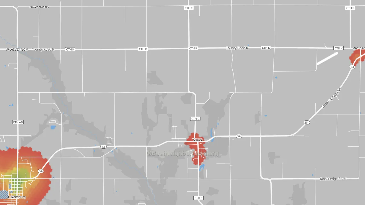 Walk Grade map of Casco, WI, walkable areas in green and car-dependent areas in red