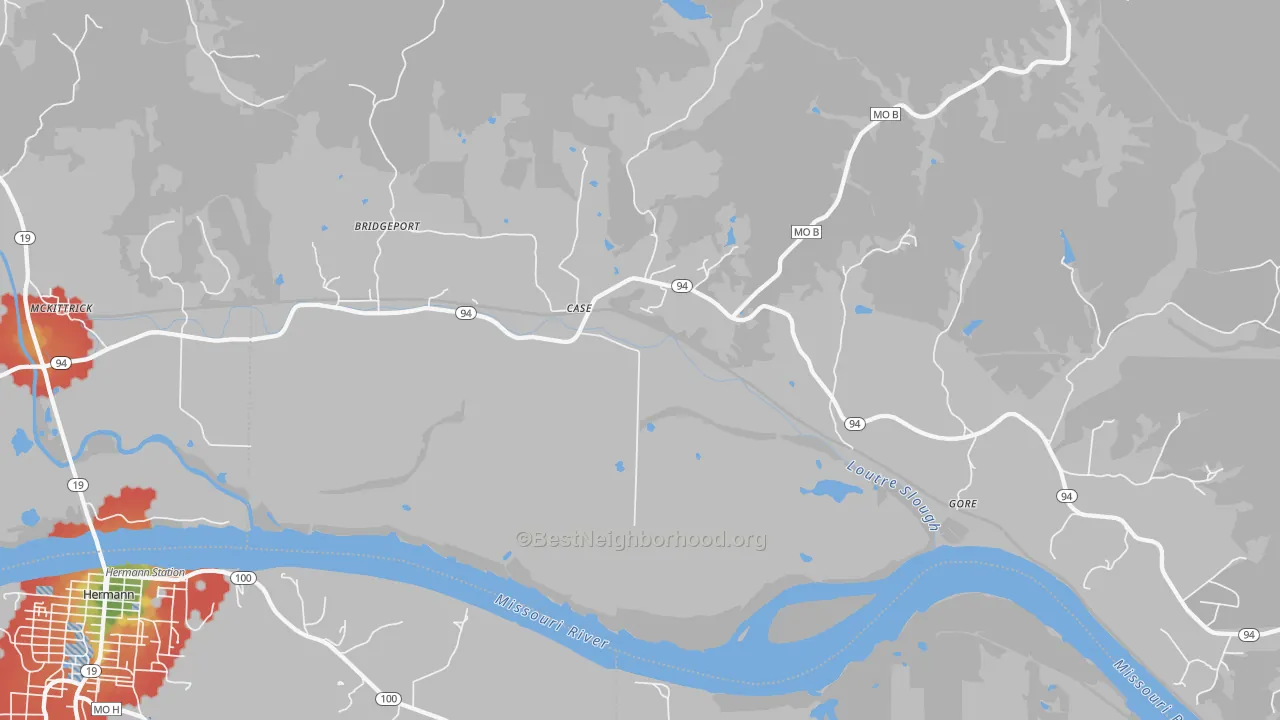 Walk Grade map of Case, MO, walkable areas in green and car-dependent areas in red