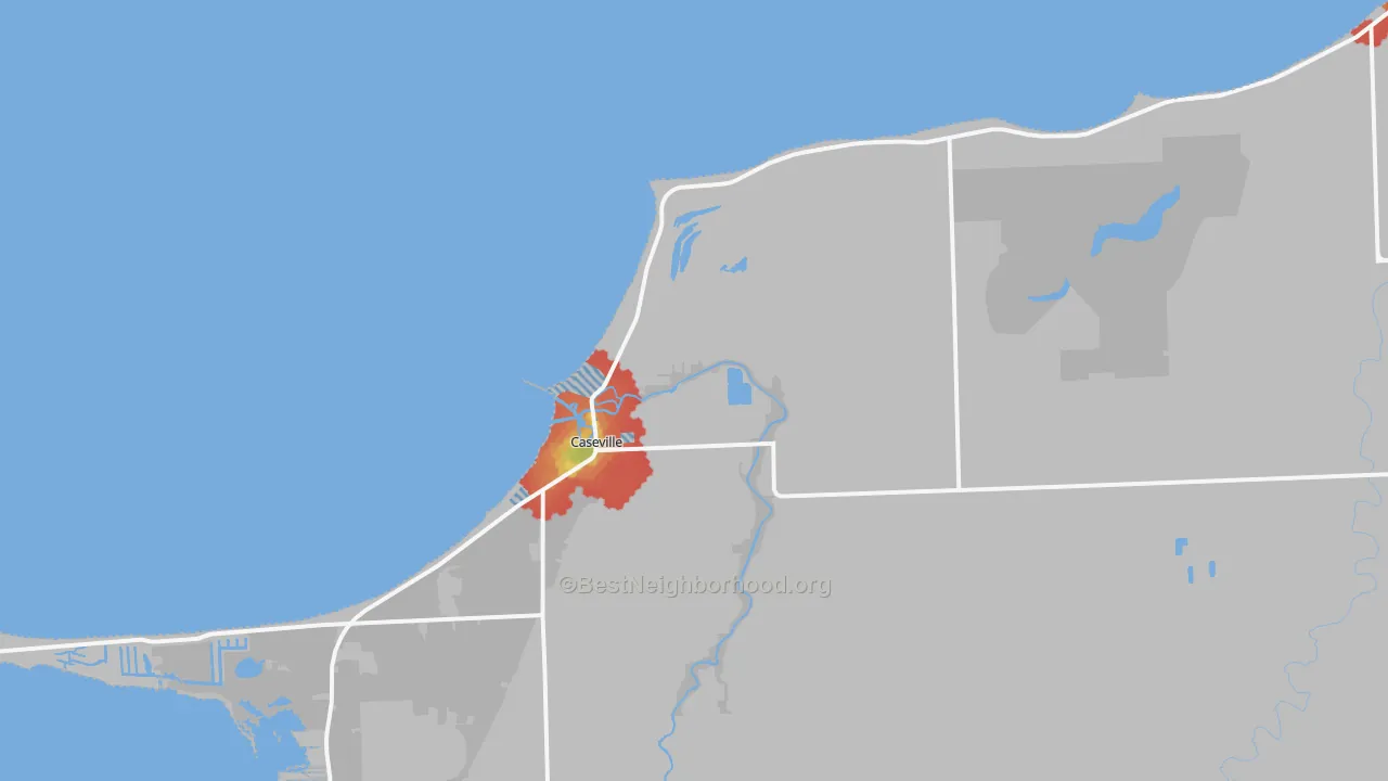 Walk Grade map of Caseville, MI, walkable areas in green and car-dependent areas in red