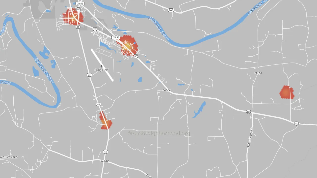 Walk Grade map of Casey, AL, walkable areas in green and car-dependent areas in red