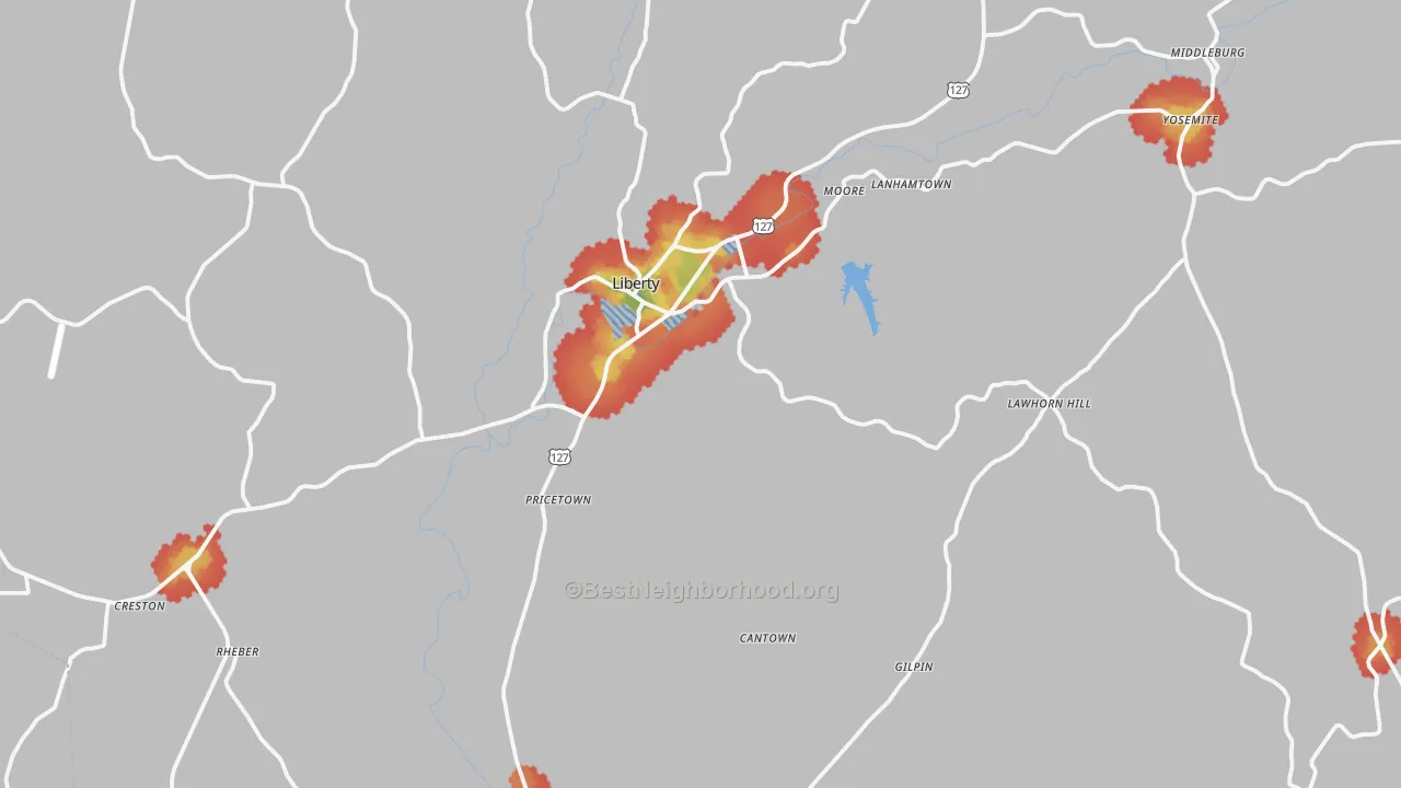 Walk Grade map of Casey County, KY, walkable areas in green and car-dependent areas in red