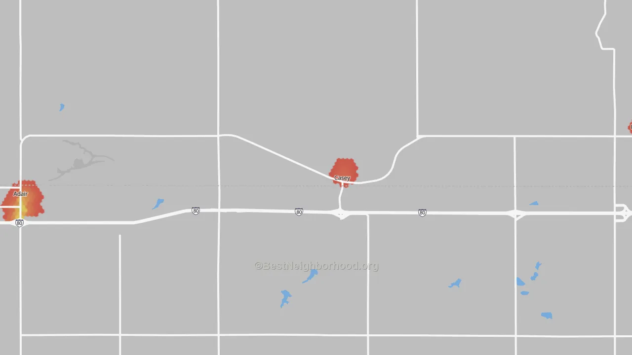 Walk Grade map of Casey, IA, walkable areas in green and car-dependent areas in red