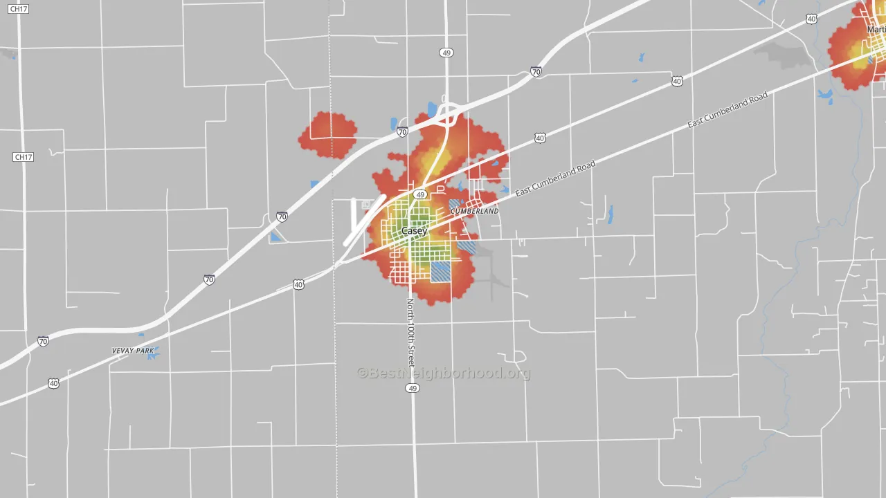 Walk Grade map of Casey, IL, walkable areas in green and car-dependent areas in red