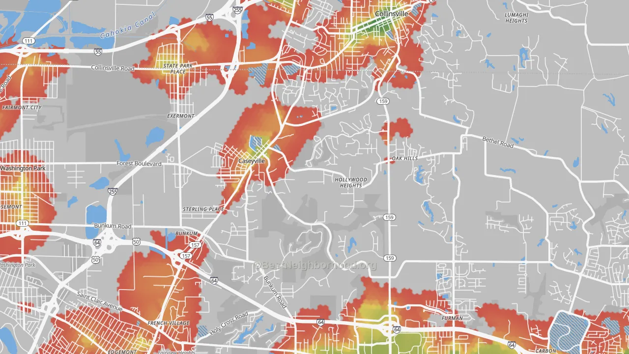 Walk Grade map of Caseyville, IL, walkable areas in green and car-dependent areas in red
