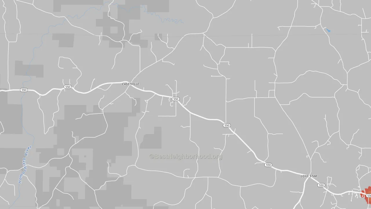 Walk Grade map of Caseyville, MS, walkable areas in green and car-dependent areas in red
