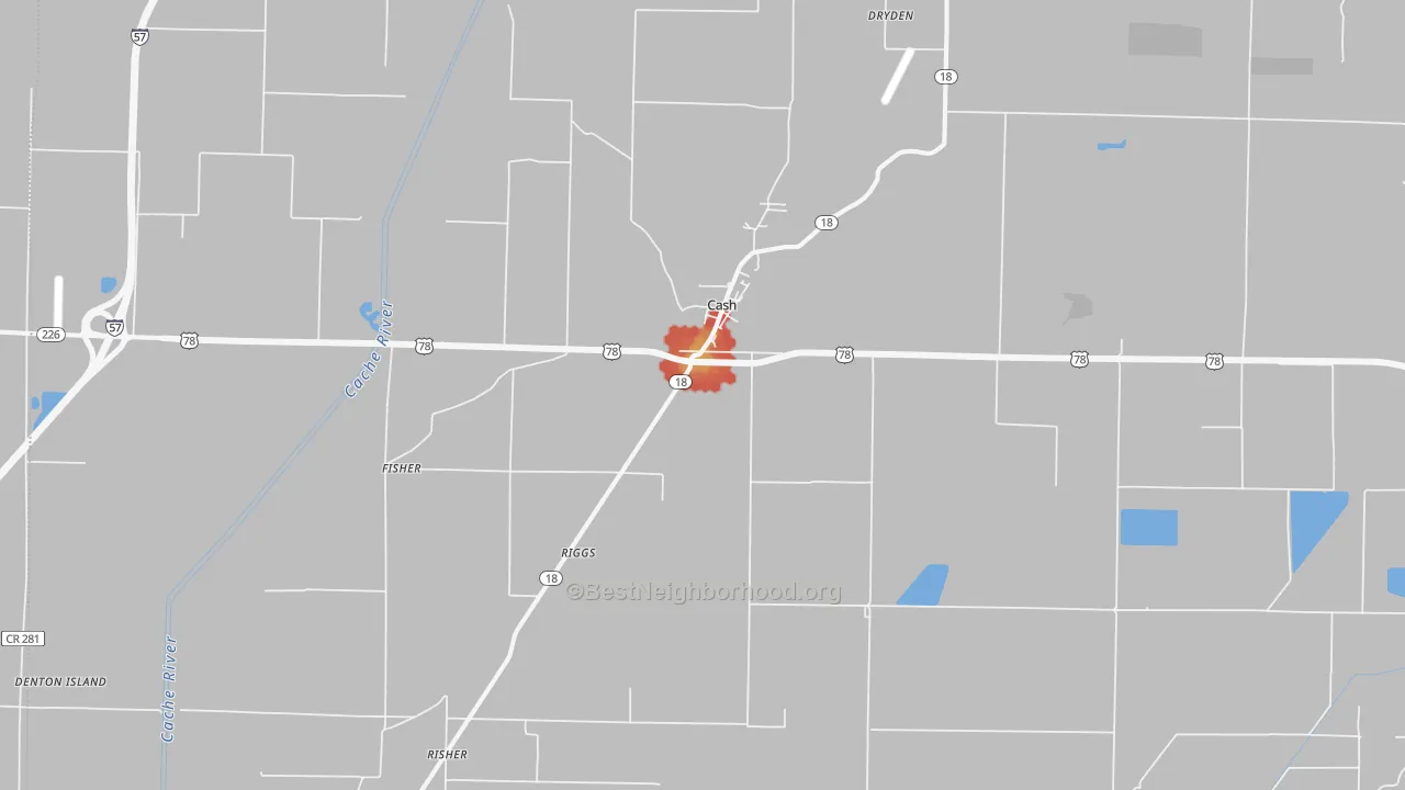 Walk Grade map of Cash, AR, walkable areas in green and car-dependent areas in red