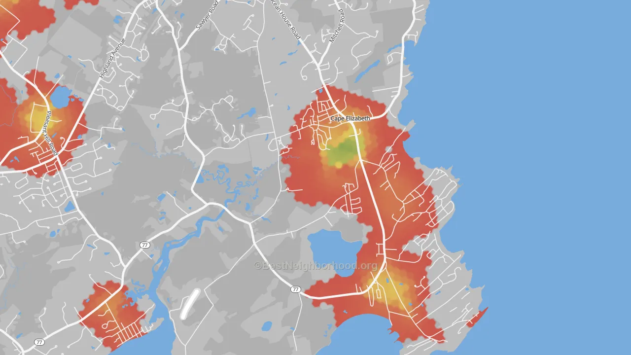 Walk Grade map of Cash Corner, ME, walkable areas in green and car-dependent areas in red