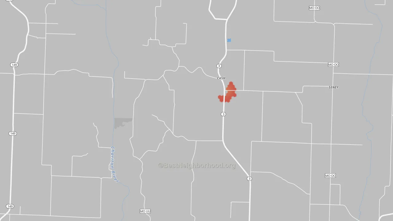 Walk Grade map of Cash, MO, walkable areas in green and car-dependent areas in red