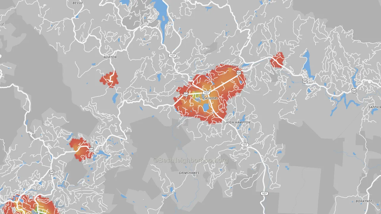 Walk Grade map of Cashiers, NC, walkable areas in green and car-dependent areas in red