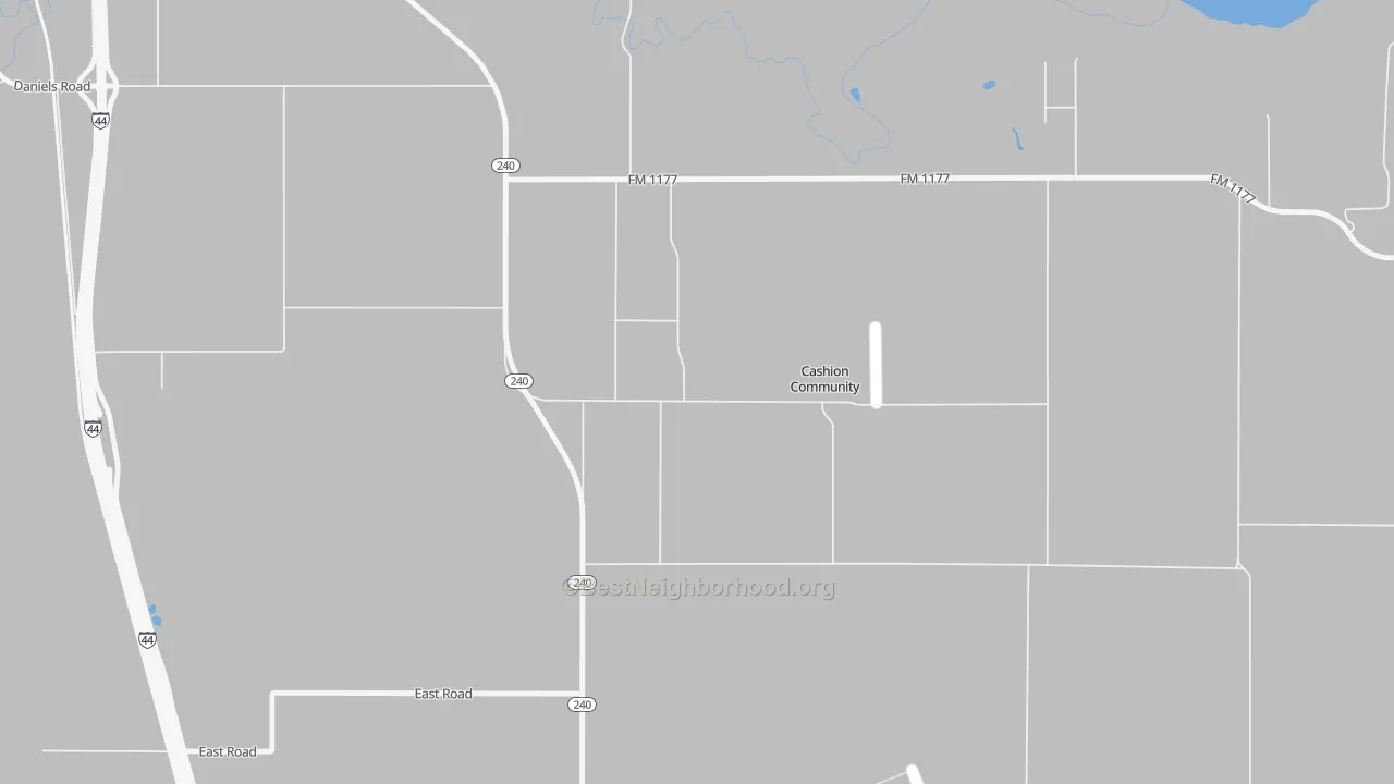 Walk Grade map of Cashion Community, TX, walkable areas in green and car-dependent areas in red