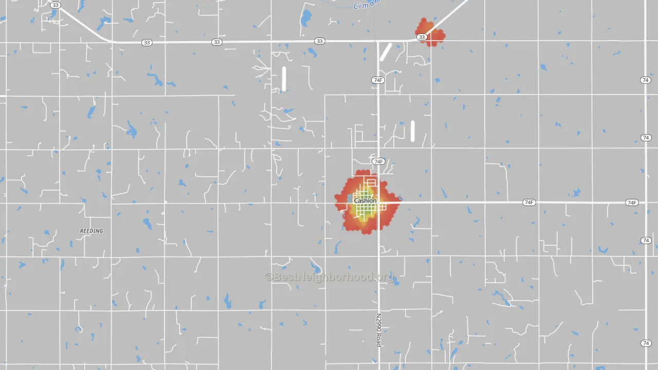Walk Grade map of Cashion, OK, walkable areas in green and car-dependent areas in red