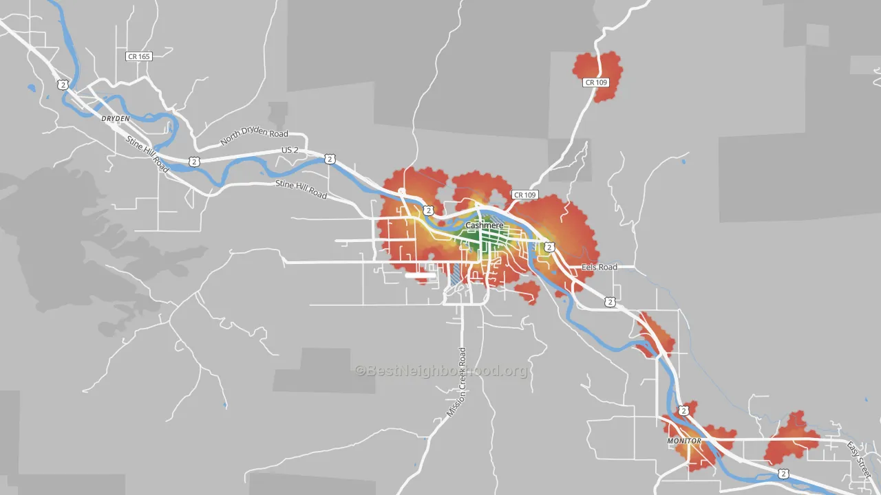 Walk Grade map of Cashmere, WA, walkable areas in green and car-dependent areas in red