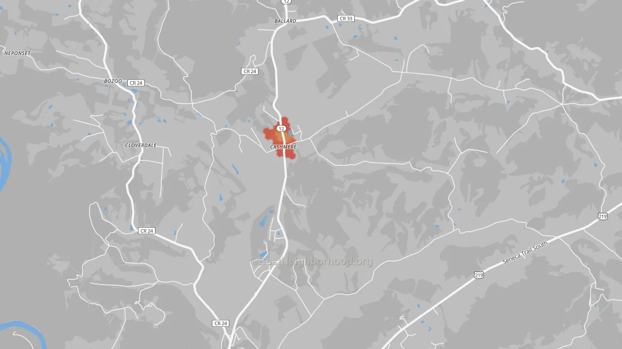 Walk Grade map of Cashmere, WV, walkable areas in green and car-dependent areas in red