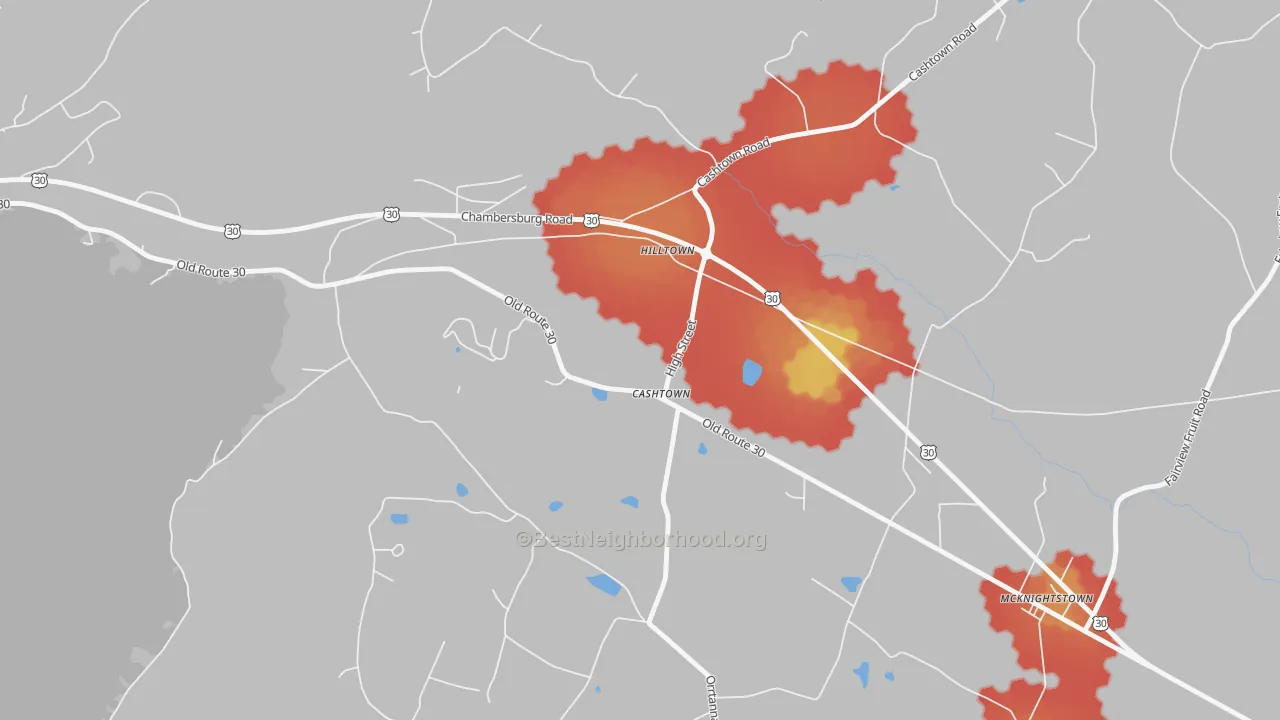 Walk Grade map of Cashtown, PA, walkable areas in green and car-dependent areas in red