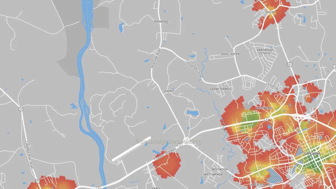 Walk Grade map of Caskey, SC, walkable areas in green and car-dependent areas in red