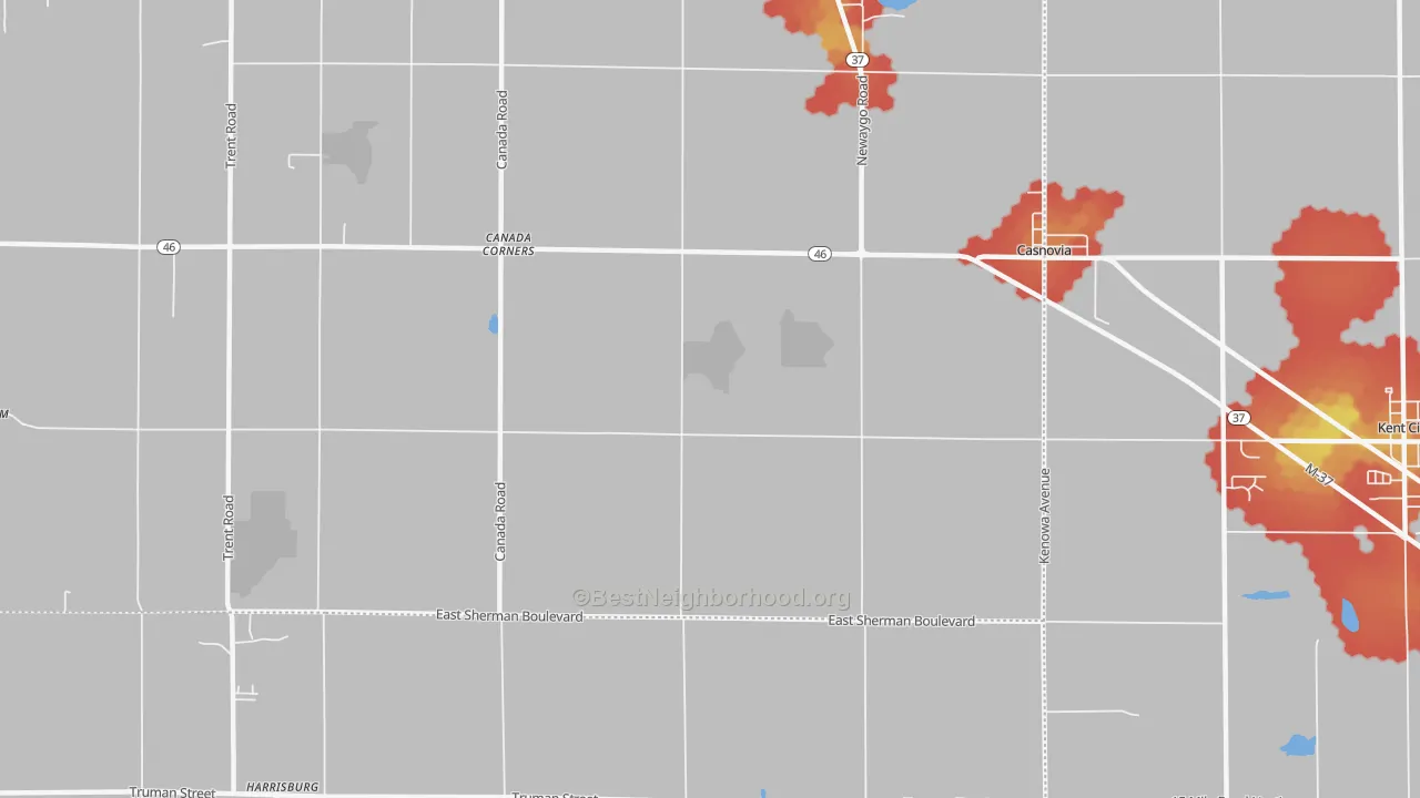 Walk Grade map of Casnovia, MI, walkable areas in green and car-dependent areas in red