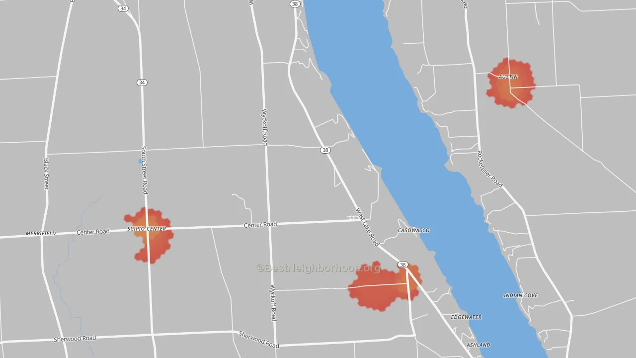 Walk Grade map of Casowasco, NY, walkable areas in green and car-dependent areas in red