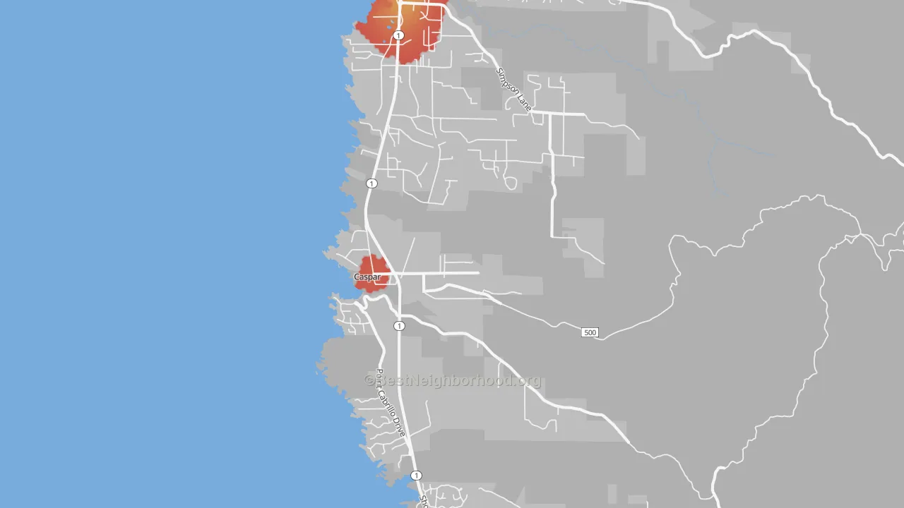 Walk Grade map of Caspar, CA, walkable areas in green and car-dependent areas in red