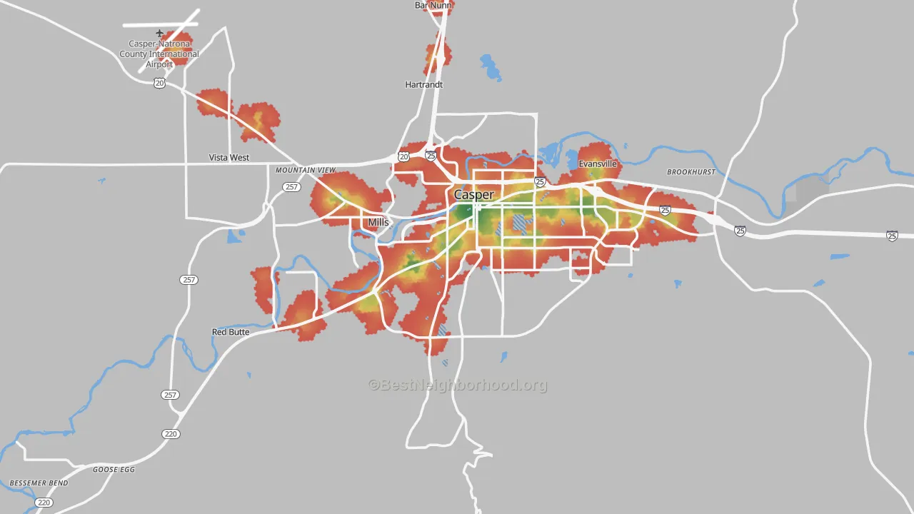 Walk Grade map of Casper, WY, walkable areas in green and car-dependent areas in red
