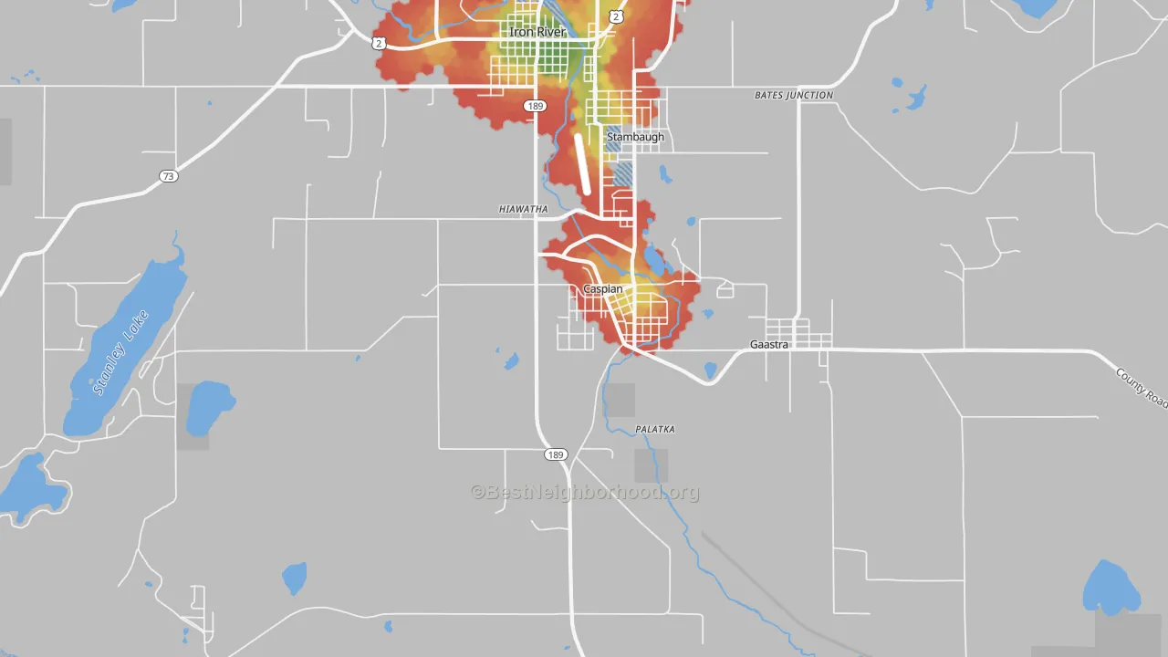 Walk Grade map of Caspian, MI, walkable areas in green and car-dependent areas in red