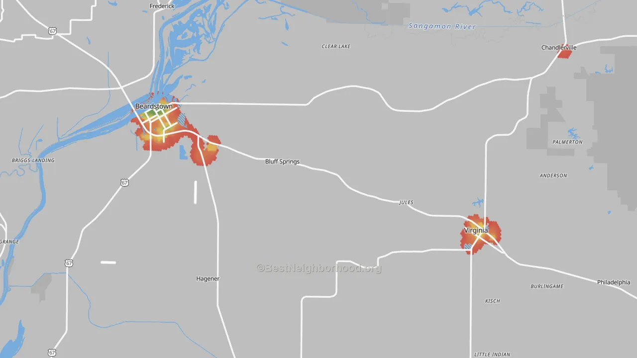 Walk Grade map of Cass County, IL, walkable areas in green and car-dependent areas in red