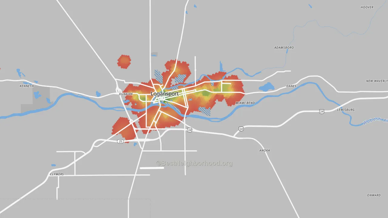 Walk Grade map of Cass County, IN, walkable areas in green and car-dependent areas in red