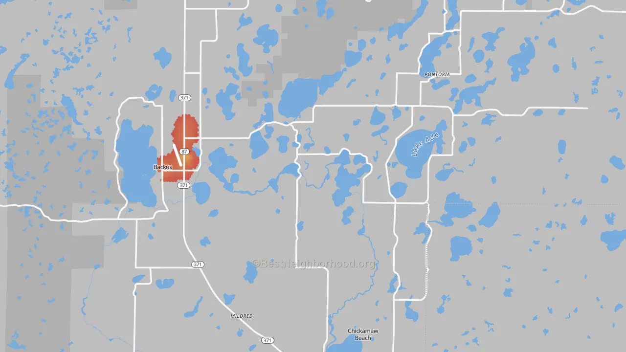 Walk Grade map of Cass County, MN, walkable areas in green and car-dependent areas in red