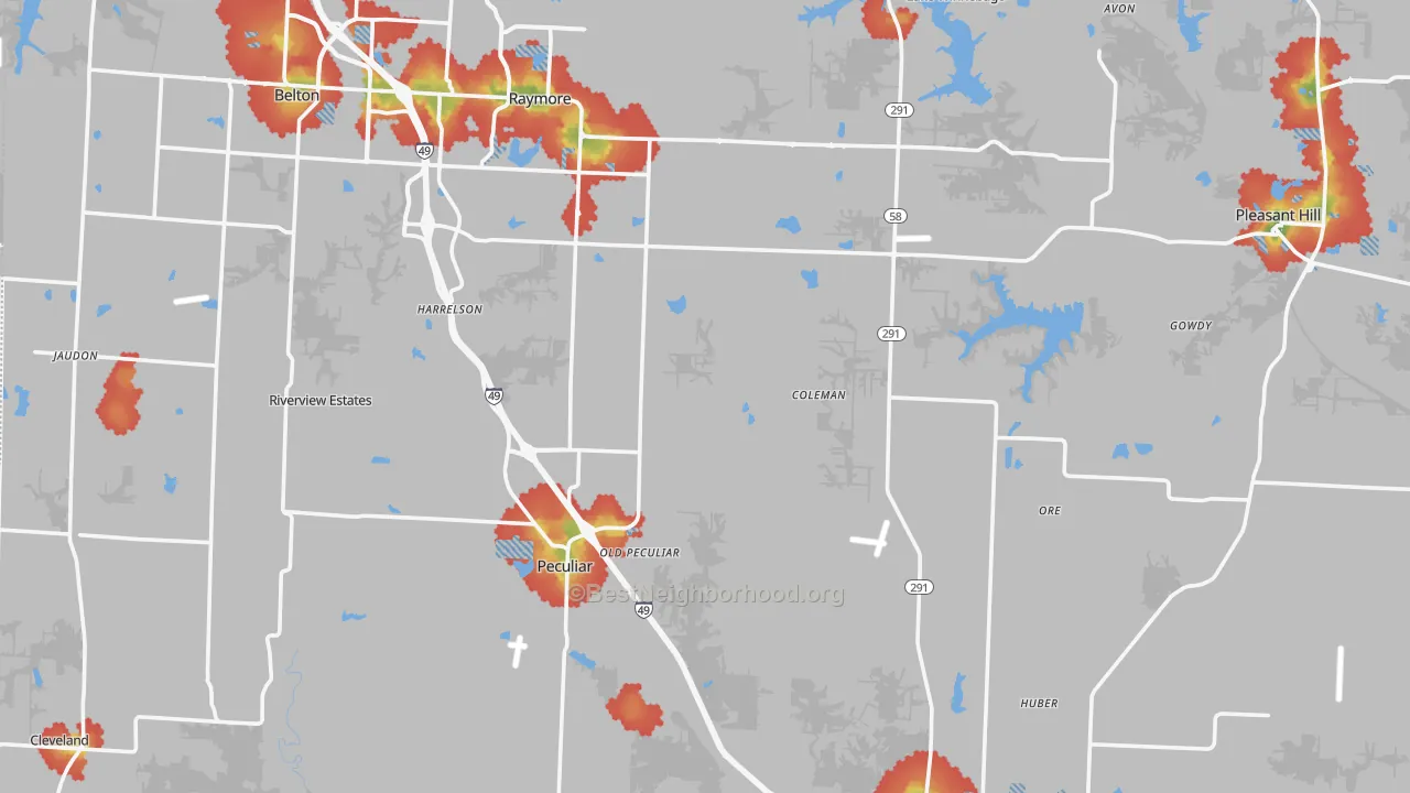Walk Grade map of Cass County, MO, walkable areas in green and car-dependent areas in red