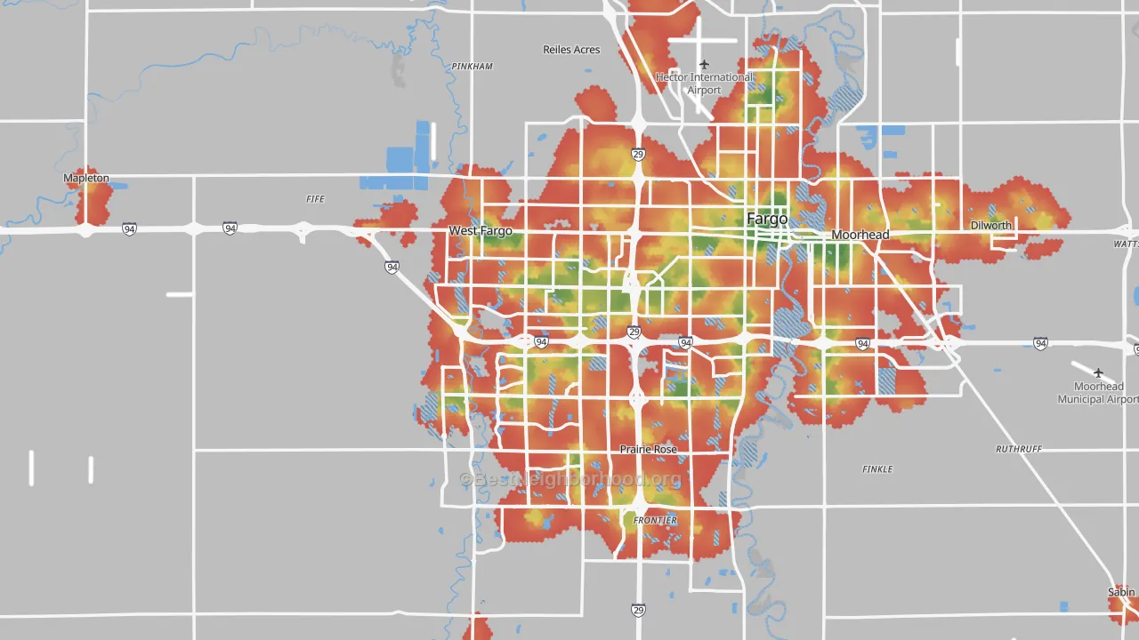 Walk Grade map of Cass County, ND, walkable areas in green and car-dependent areas in red