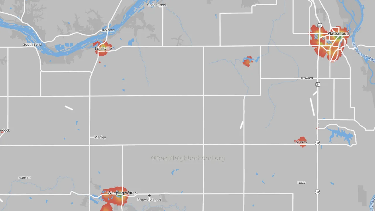 Walk Grade map of Cass County, NE, walkable areas in green and car-dependent areas in red