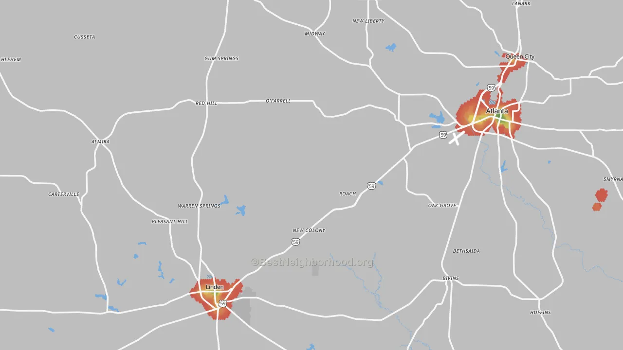 Walk Grade map of Cass County, TX, walkable areas in green and car-dependent areas in red