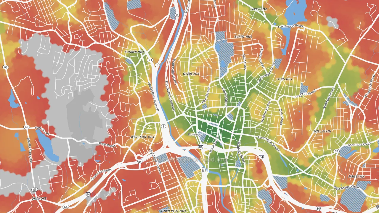 Walk Grade map of Cass Gilbert, Waterbury, CT, walkable areas in green and car-dependent areas in red