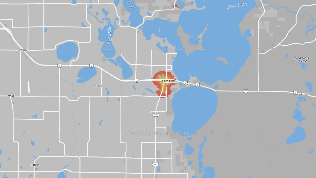 Walk Grade map of Cass Lake, MN, walkable areas in green and car-dependent areas in red