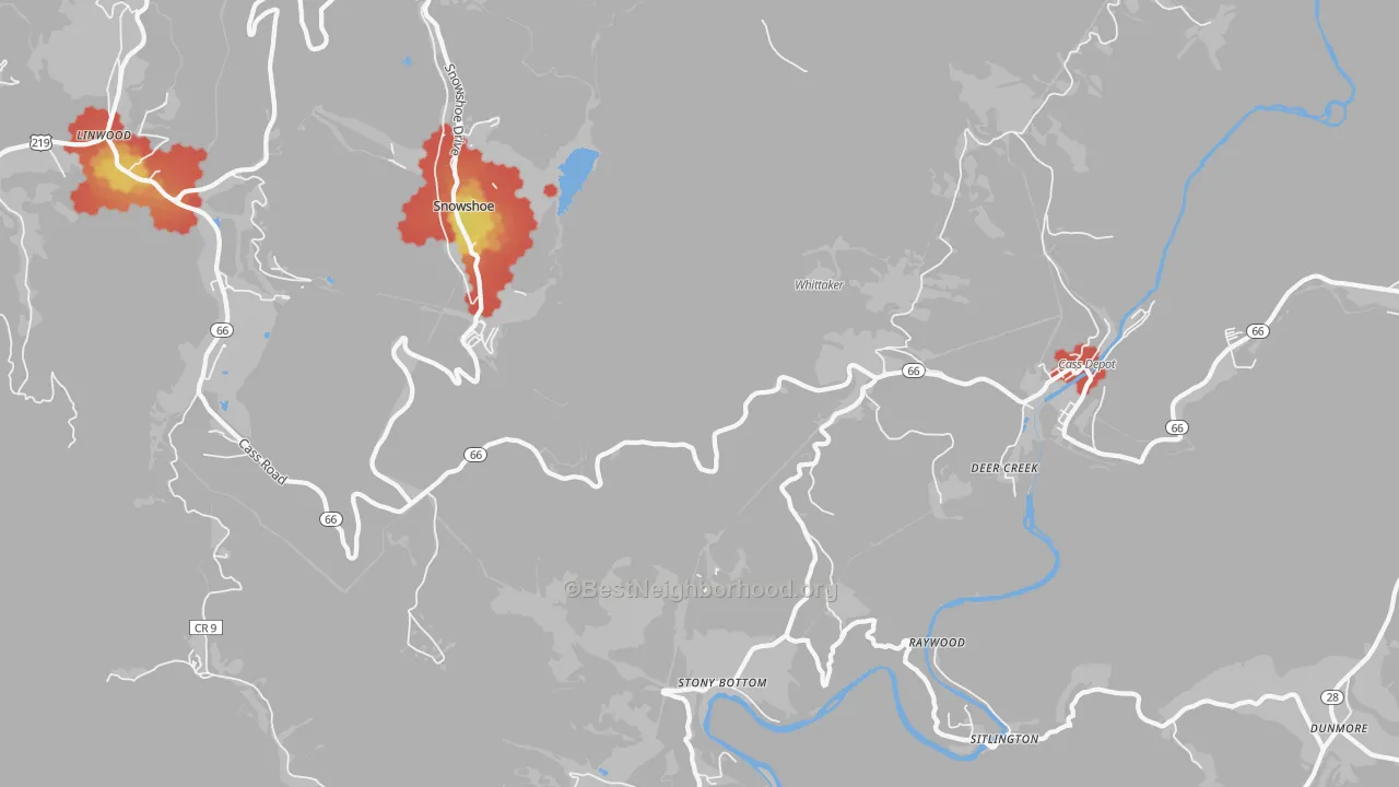 Walk Grade map of Cass, WV, walkable areas in green and car-dependent areas in red