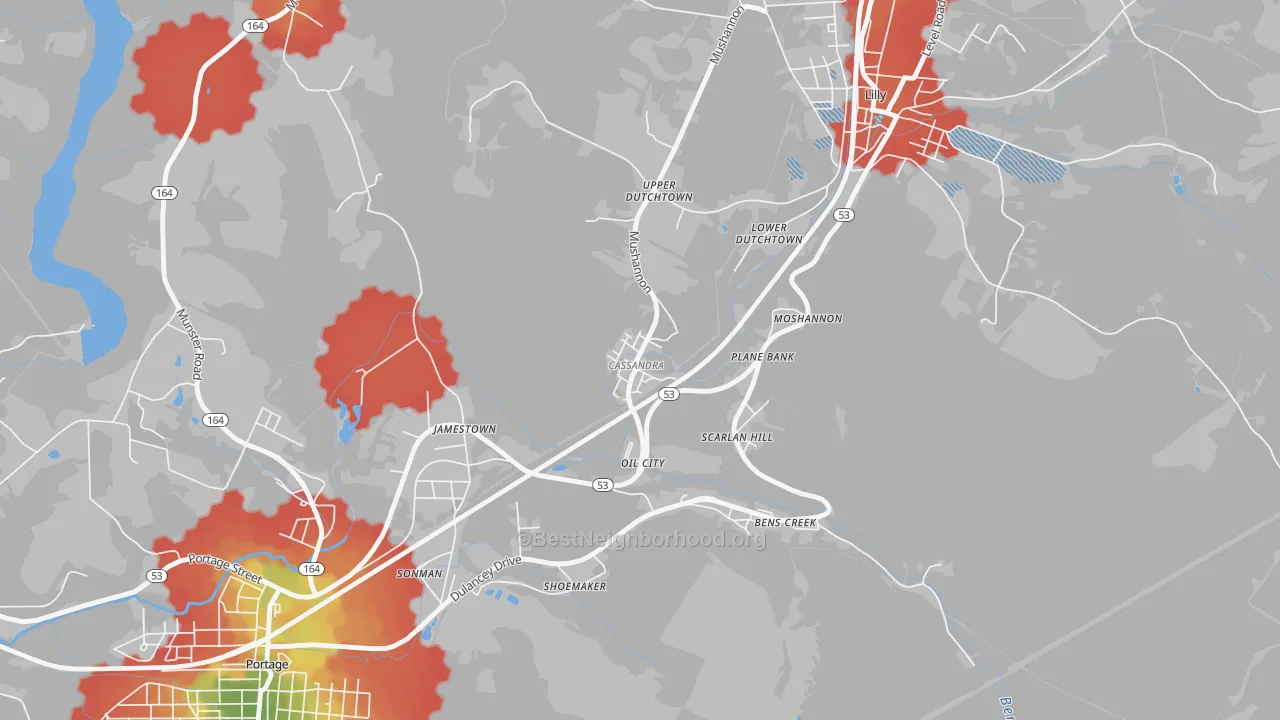 Walk Grade map of Cassandra, PA, walkable areas in green and car-dependent areas in red