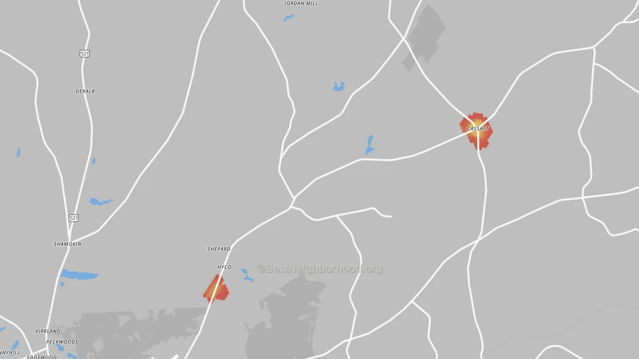 Walk Grade map of Cassatt, SC, walkable areas in green and car-dependent areas in red