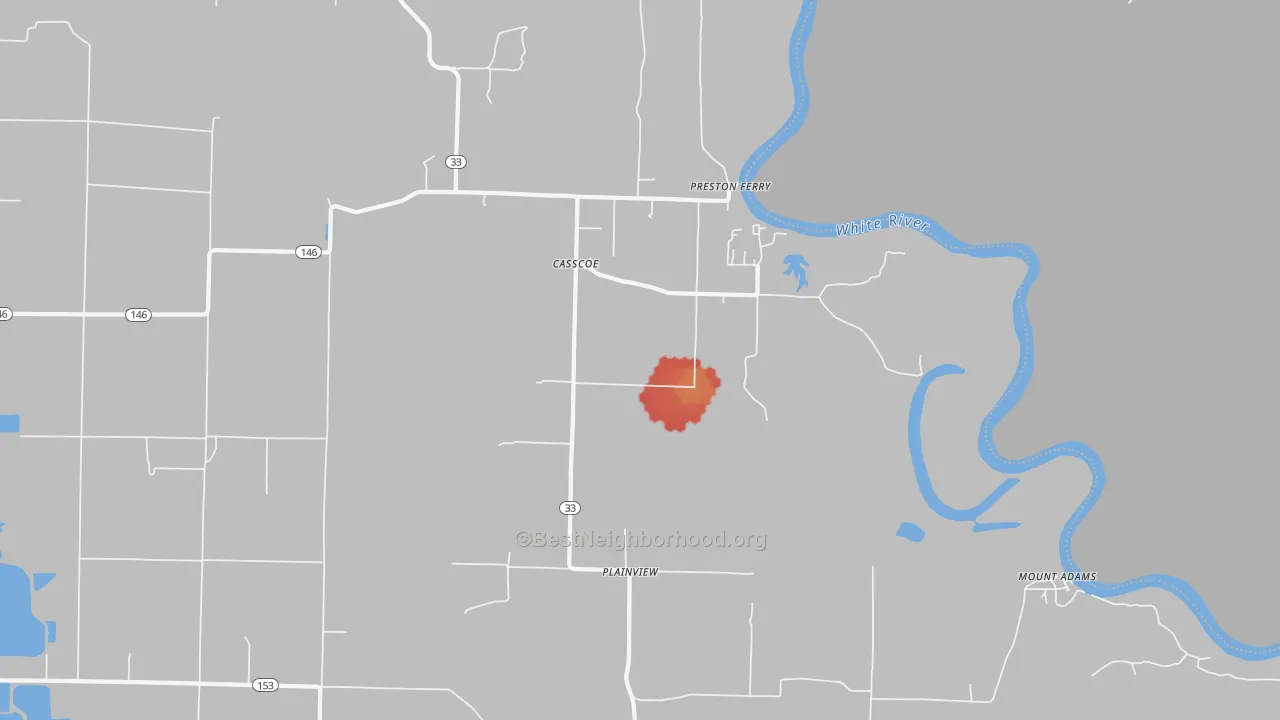 Walk Grade map of Casscoe, AR, walkable areas in green and car-dependent areas in red
