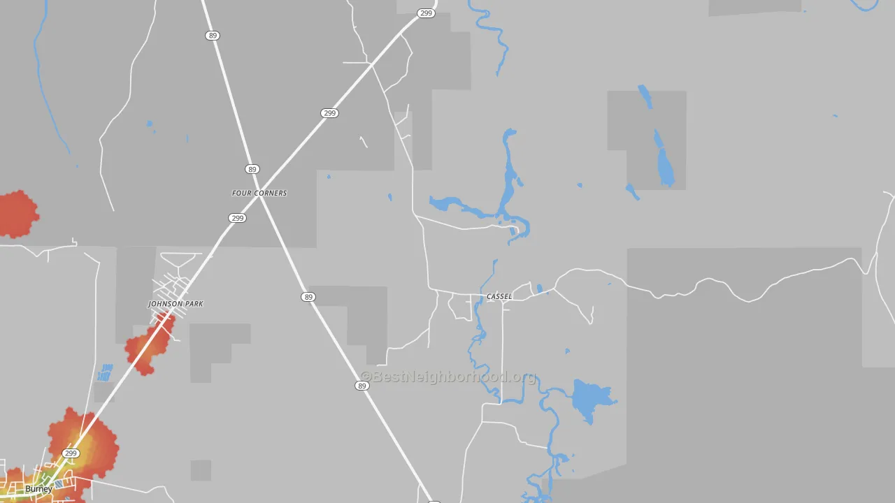 Walk Grade map of Cassel, CA, walkable areas in green and car-dependent areas in red
