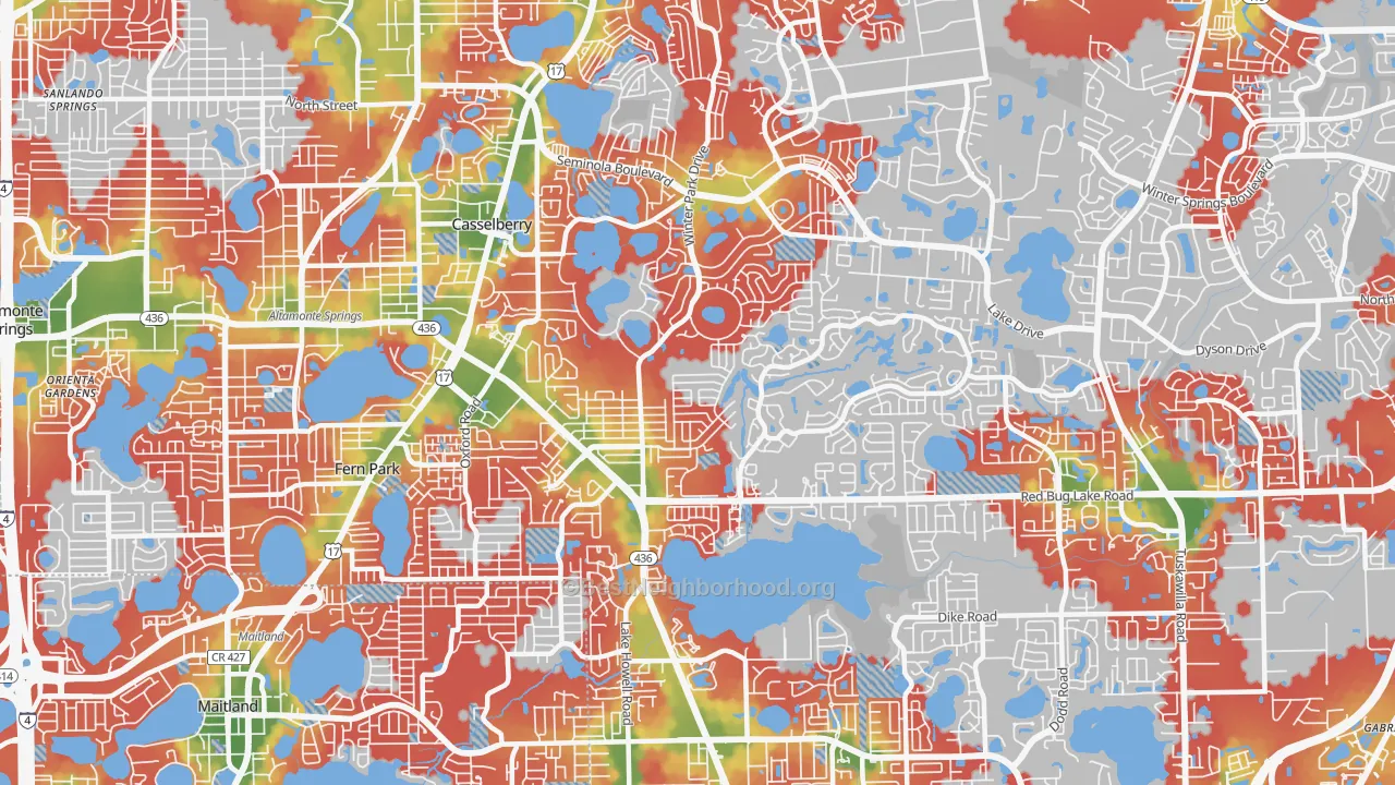 Walk Grade map of Casselberry, FL, walkable areas in green and car-dependent areas in red